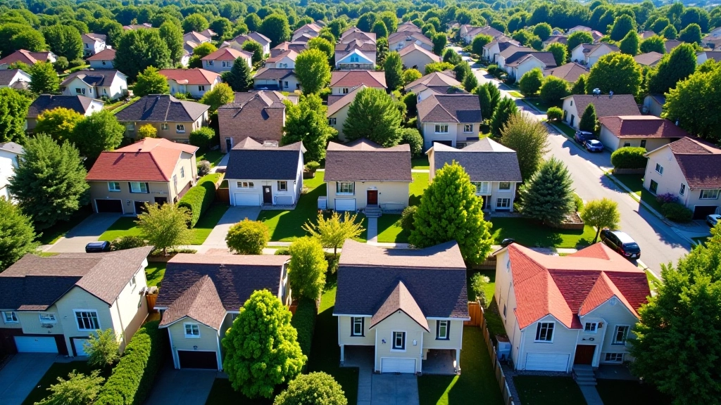 Aerial view of residential neighborhood showing different property sizes and types