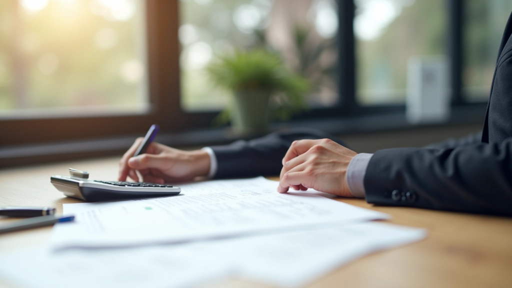 Professional reviewing property tax documents at desk with pen and calculator