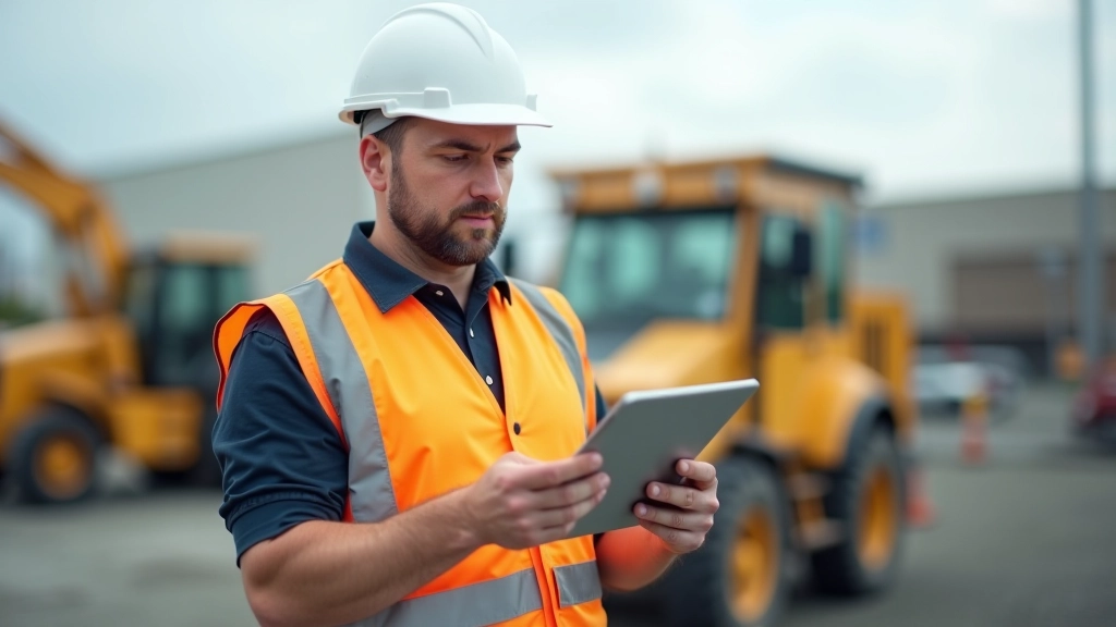 Building inspector reviewing construction plans on a tablet at a job site