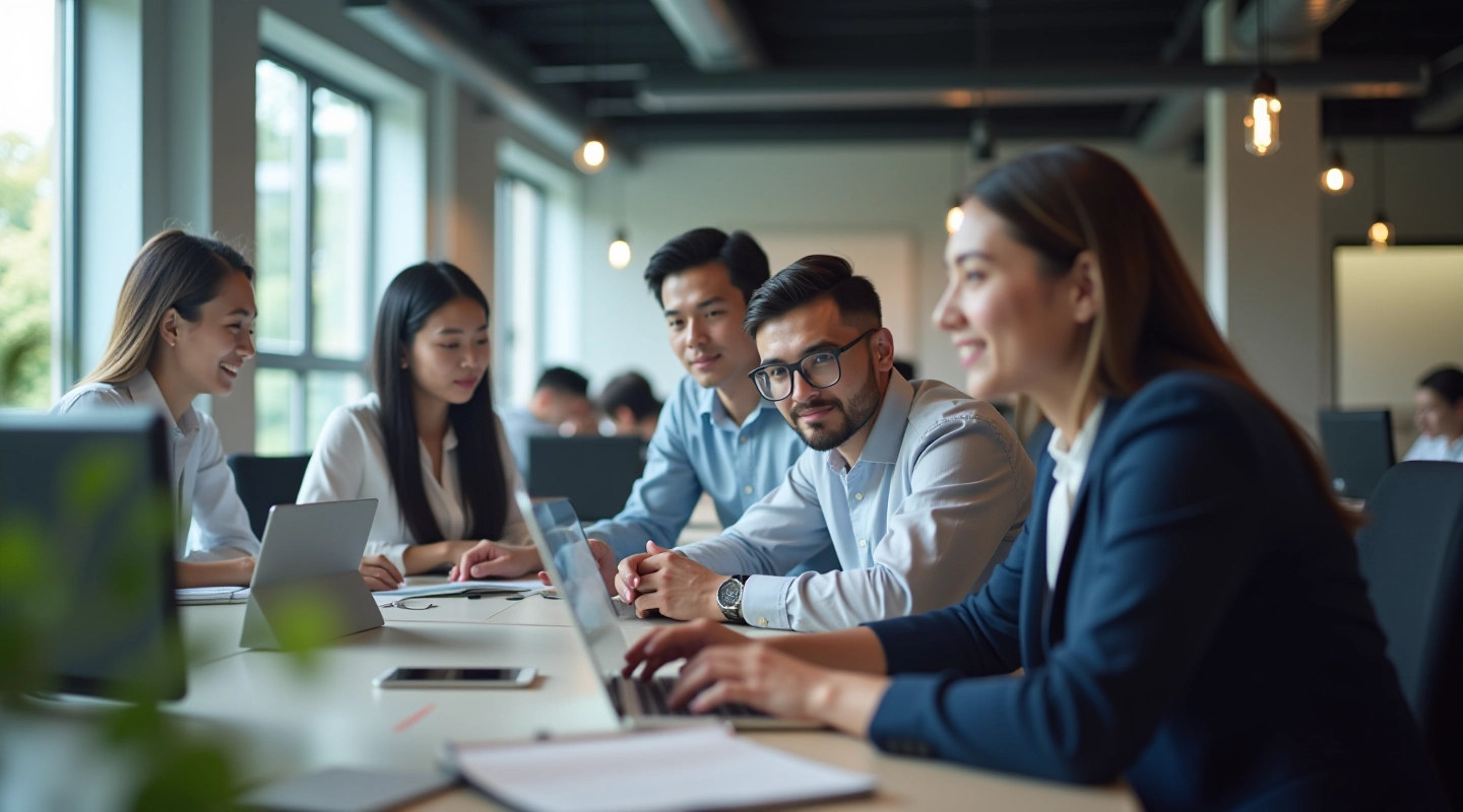 Team members collaborating in modern office environment