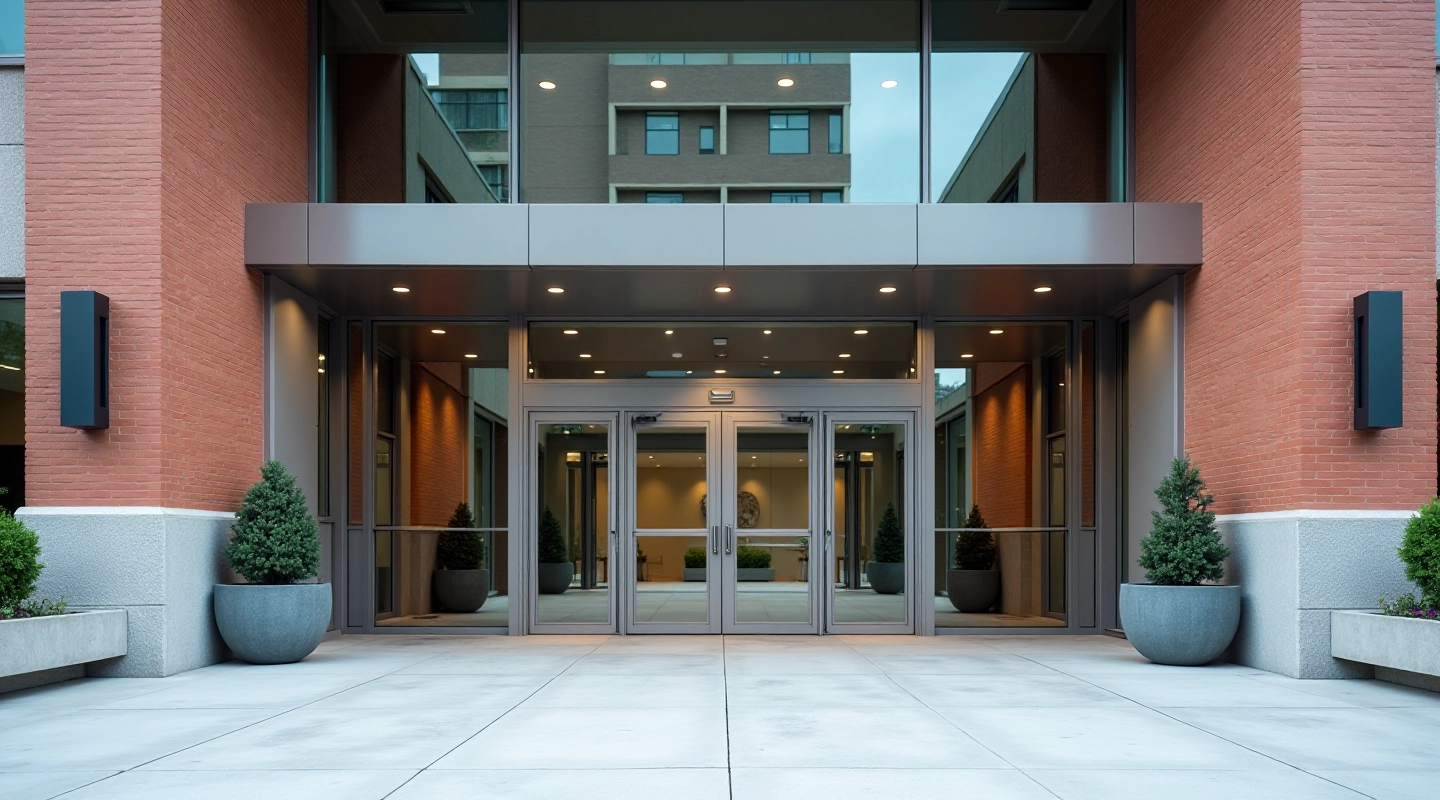 Modern government building entrance with professional architecture and official signage