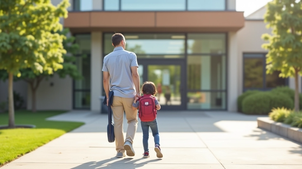 Parent and child walking together toward community recreation center building entrance