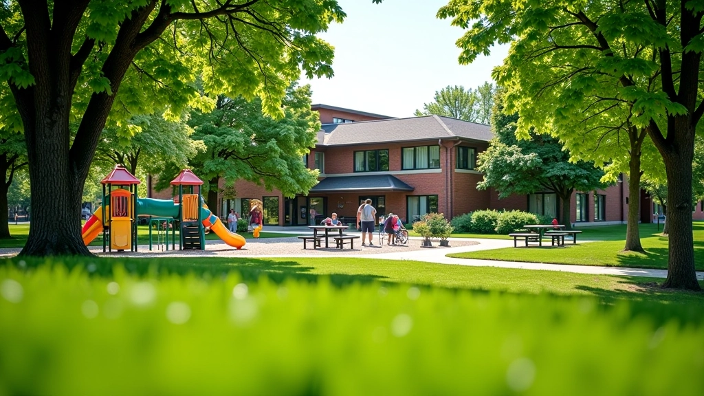 Community park with colorful playground equipment, green grass, and families enjoying outdoor recreation