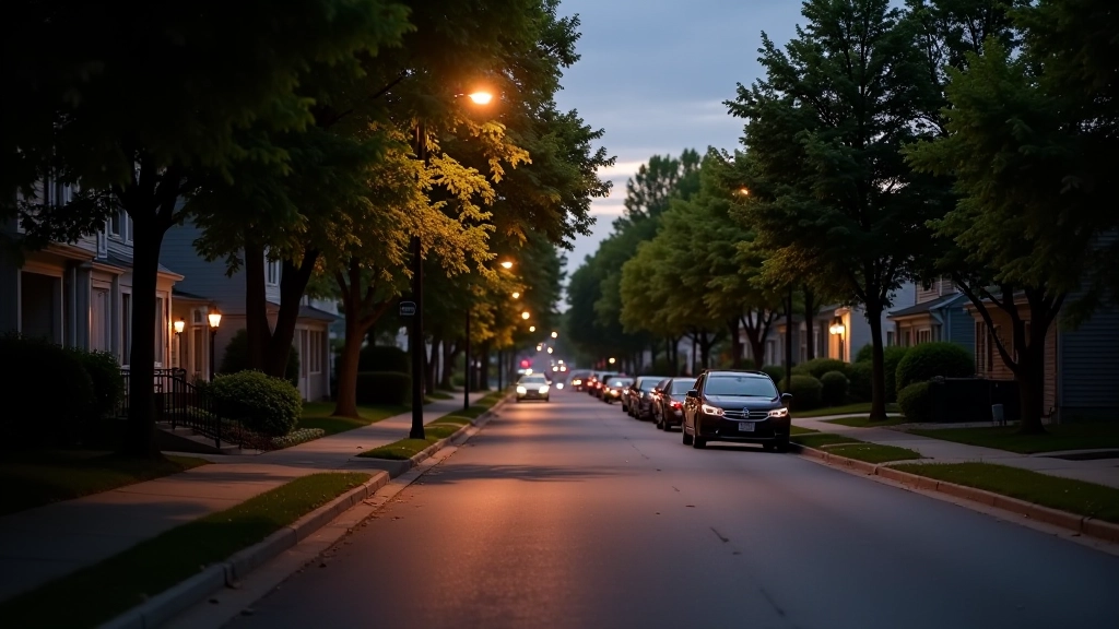 Quiet residential neighborhood street at dusk with minimal traffic and street lighting