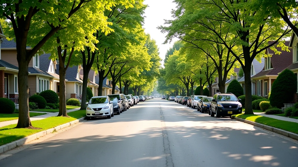 Tree-lined residential street with single-family homes and well-maintained properties