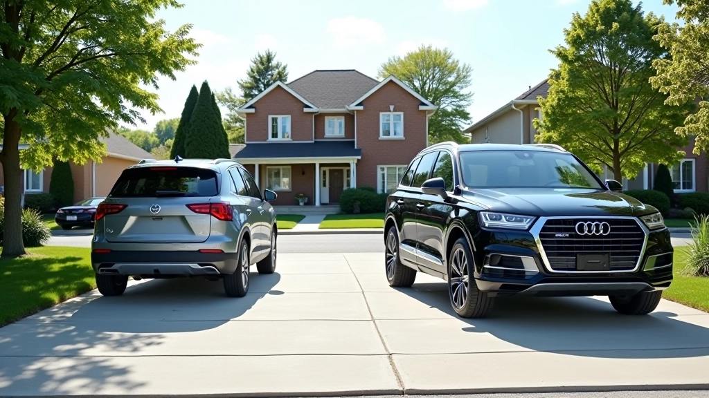 Residential driveway with properly parked vehicles and cleared street view